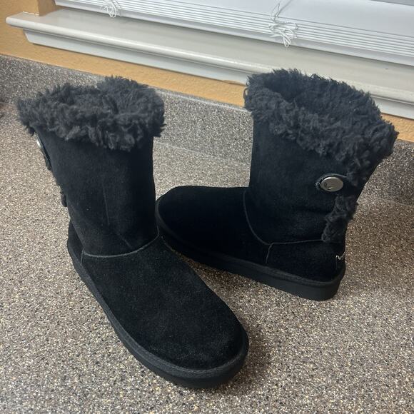 Koolaburra by UGG Womens Sz 7 Black Suede Tall Boots Faux Fur Trim Sherpa Lining - Picture 1 of 11